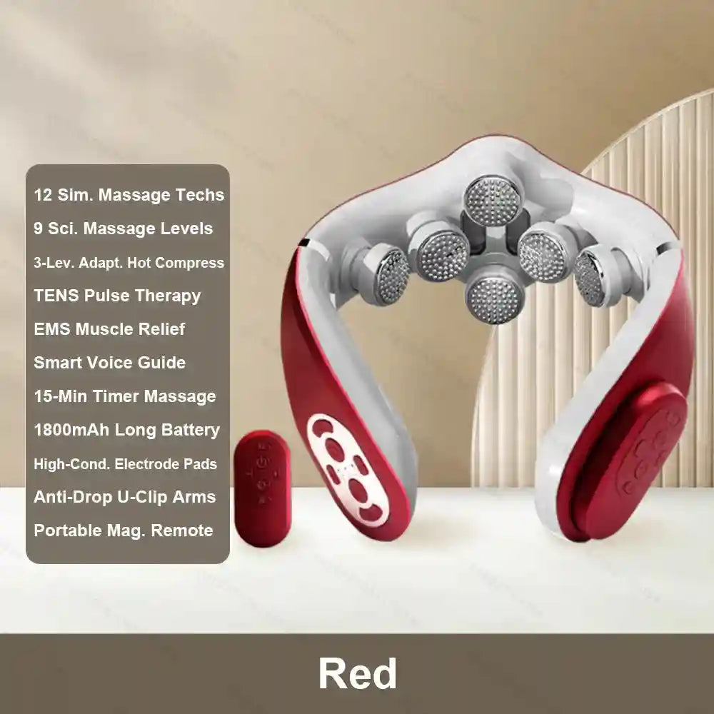 Cervical Neck Massager - TENS Pulse Heat Therapy for Muscle Relief Eye Massage Instrument Red Tidesmit