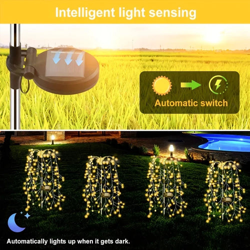 Four solar-powered firecracker lights with warm white LEDs illuminate a dark lawn at night.