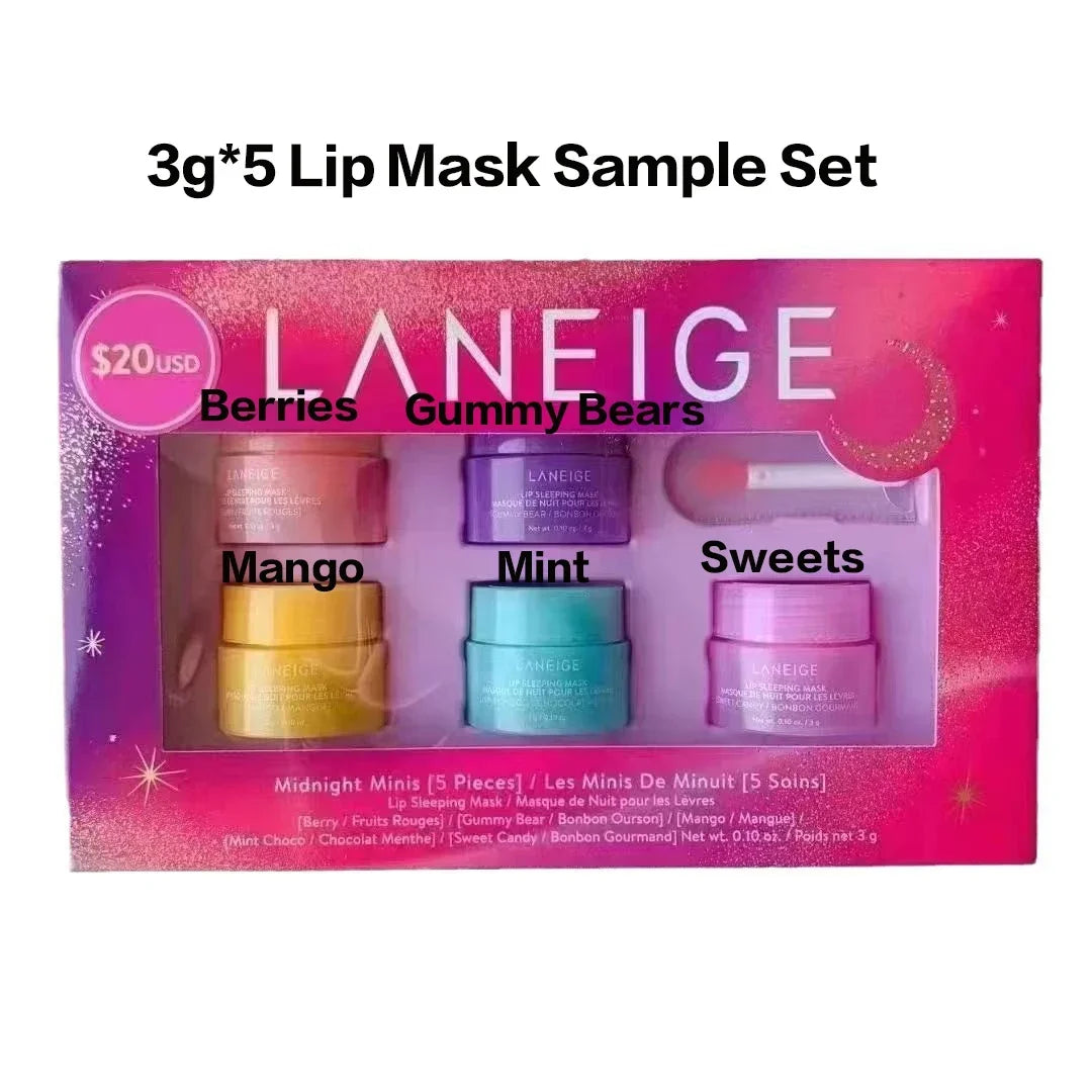Laneige Midnight Minis lip mask set featuring 5 colorful, mini moisturizing balm jars and applicator in a gift box.