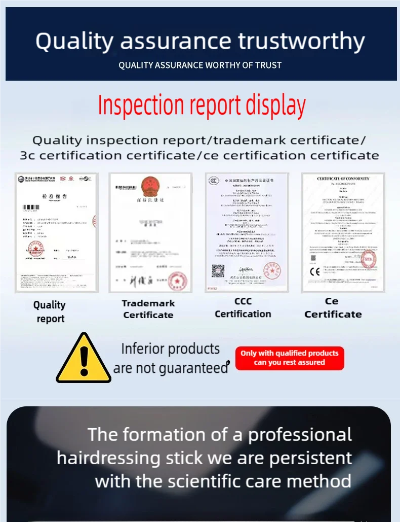Quality assurance certificates and compliance documentation for 7-in-1 high-speed ionic hair dryer set.
