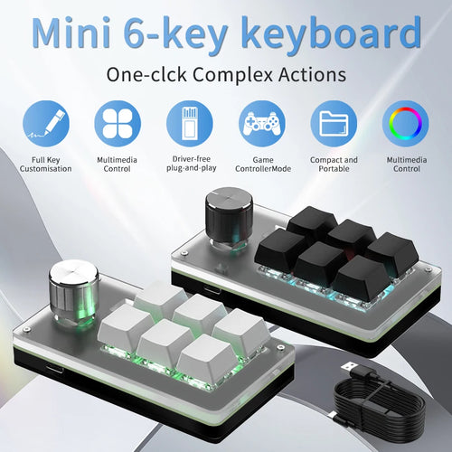 Compact 6-key mechanical macro keypad with RGB, one knob, and USB-C. Available in white or black keycaps.