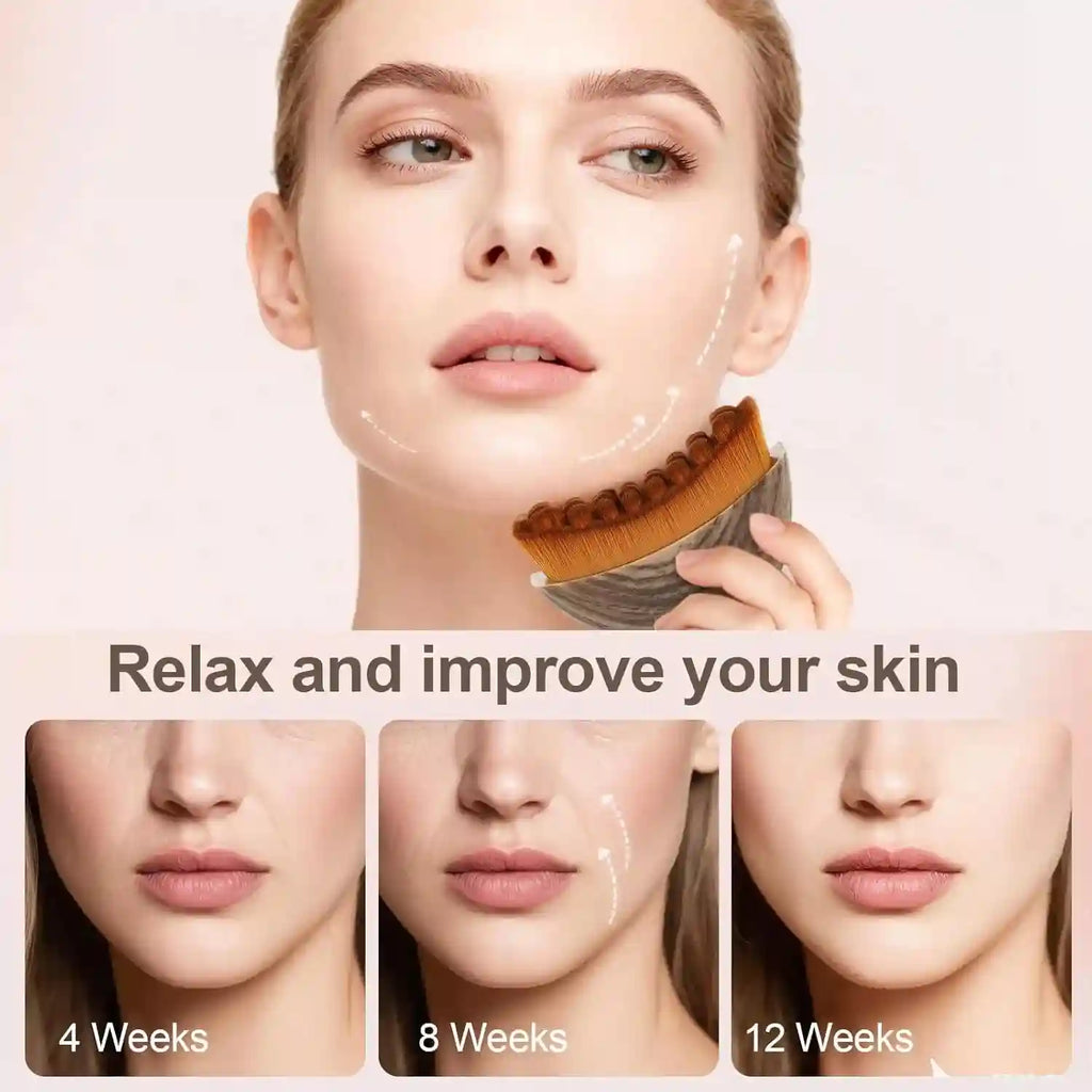 Oval facial massage brush with brown bristles and wood-grain handle used to lift and tone facial skin.