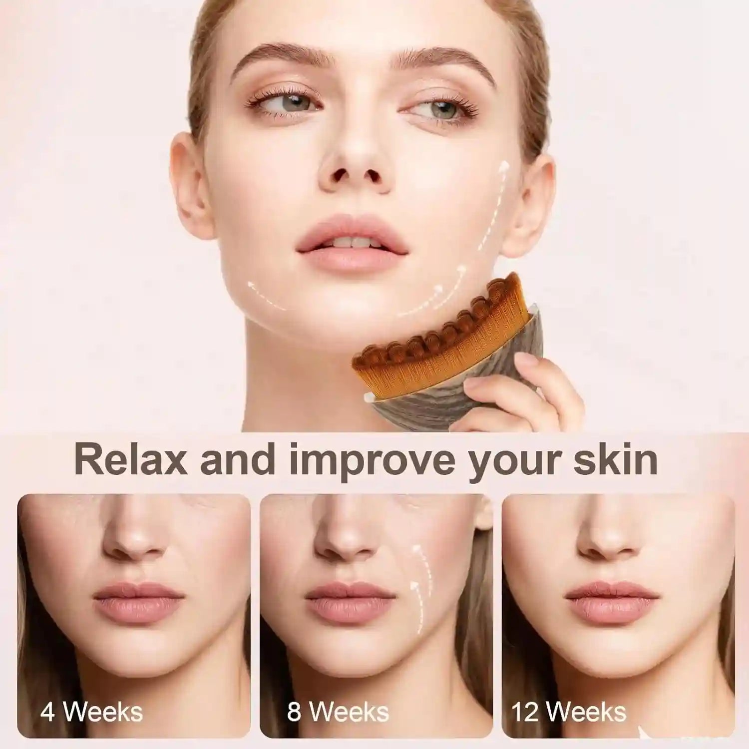 Oval facial massage brush with brown bristles and wood-grain handle used to lift and tone facial skin.