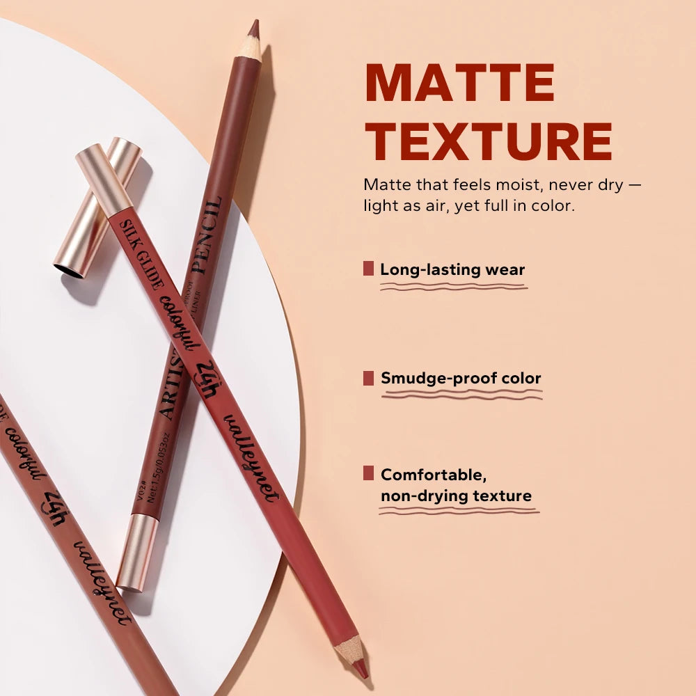 4-piece set of brown matte lip liners. Creamy, waterproof, long-lasting velvet pencils for precise lip makeup.