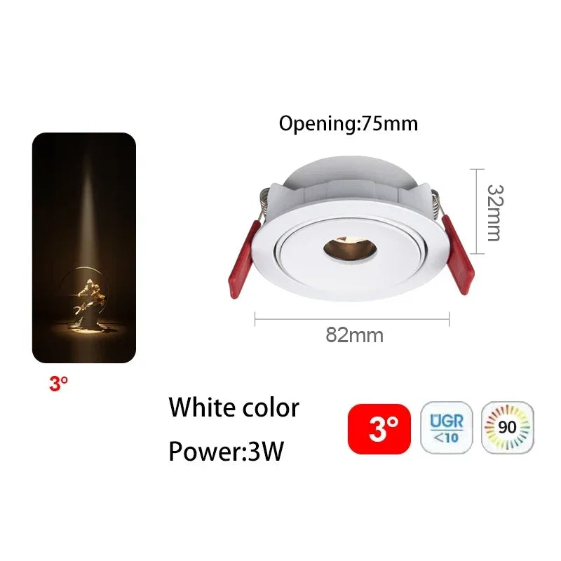 White recessed LED spot light, 3W, 3° beam angle, opening 75mm, 32mm depth
