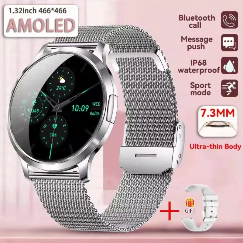 Women’s ultra-thin AMOLED smart watch, silver mesh band, round black display