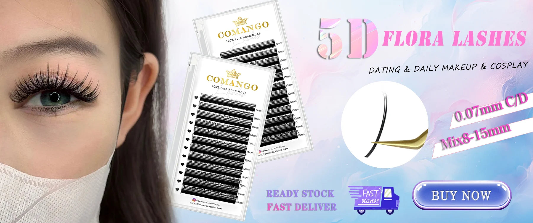 5D Flora lashes, black fiber individual extensions in 8-15mm lengths, for daily makeup and cosmetic application.