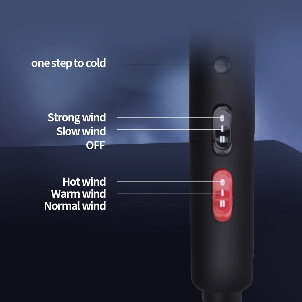 RESUXI X5 hair dryer handle showing multiple speed, heat, and cool-shot button settings for professional styling control.