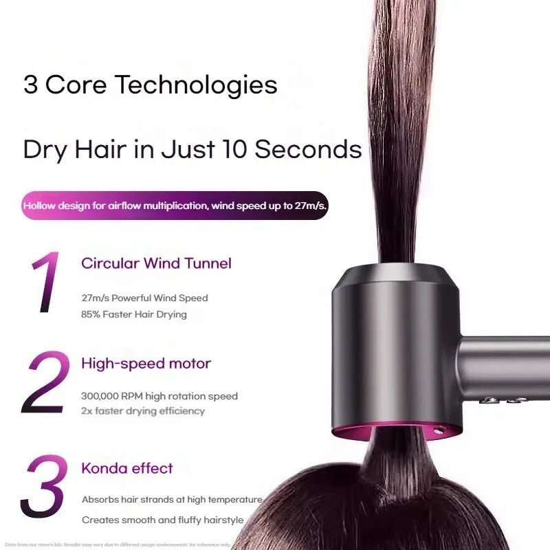 Grey high-speed hair dryer with hollow design, 27m/s wind speed, and ion tech for fast, smooth professional drying.
