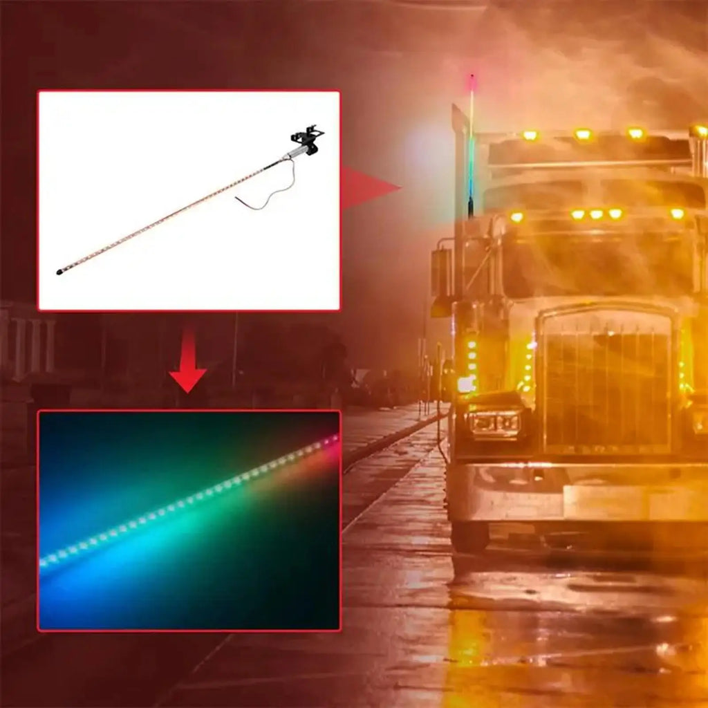 LED whip antenna with multi-color lights, mounted on a truck for visibility and off-road signaling.