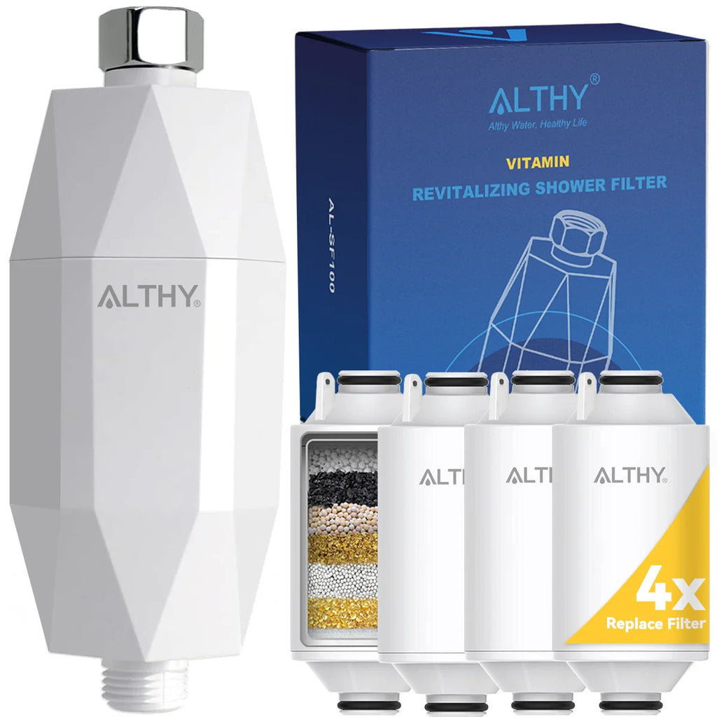 ALTHY Vitamin C shower water filter removes chlorine and heavy metals to improve dry skin and reduce hair dandruff.