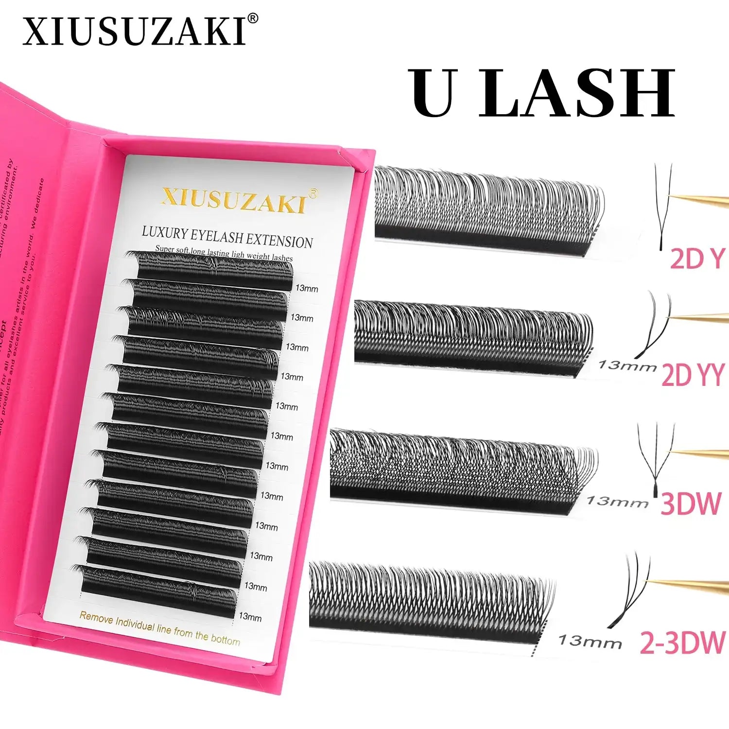 Black synthetic U lash extension tray with 13mm rows, featuring 2D, 2D YY, 3D, and 2-3D styles for volume application.