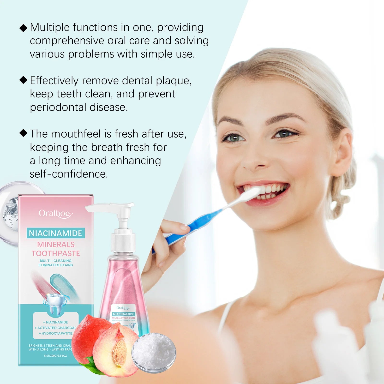 Tidesmit Niacinamide bleaching toothpaste for plaque removal, yellow stain reduction, and fresh breath.