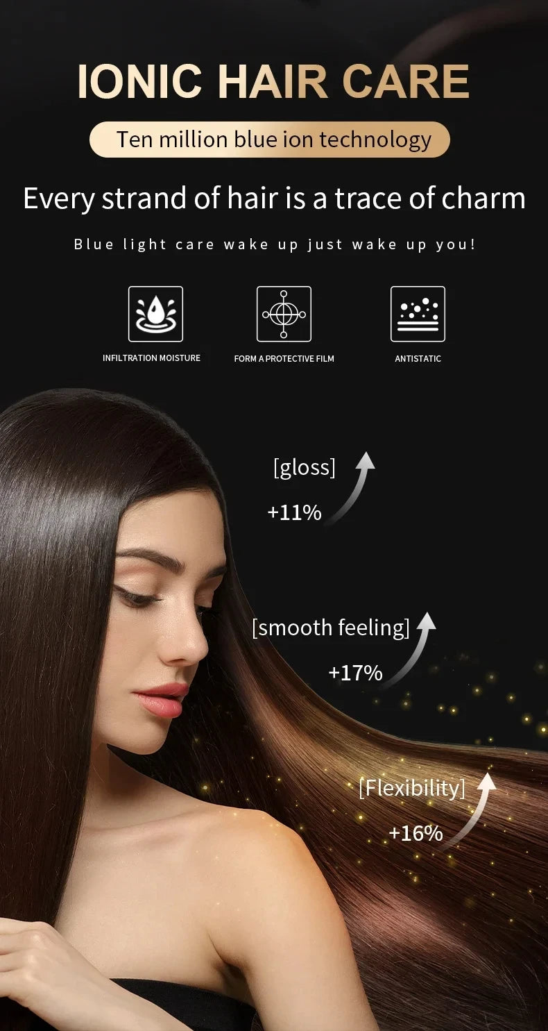 2000W professional ionic hair dryer features blue ion technology for shiny, smooth, and frizz-free salon hair care.