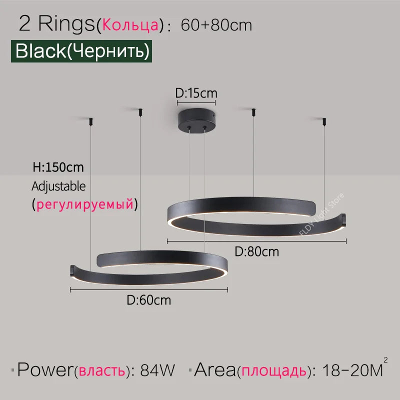 Modern 3-Ring LED Chandelier - Adjustable Dimmable Black Finish 2 Rings Black M Tidesmit