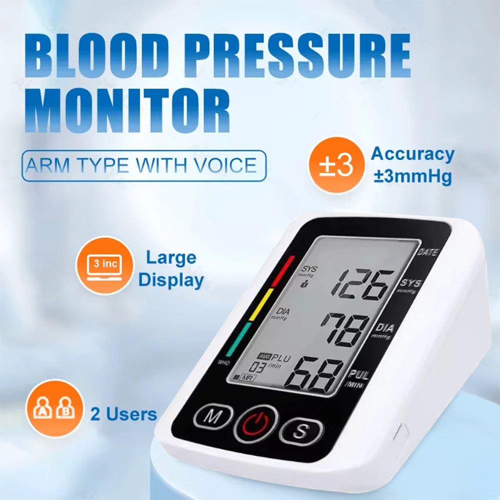 Voice Portable LED Upper Arm Blood Pressure Monitor Portable Rechargeable Digital Tonometer Sphygmomanometer BP Monitor