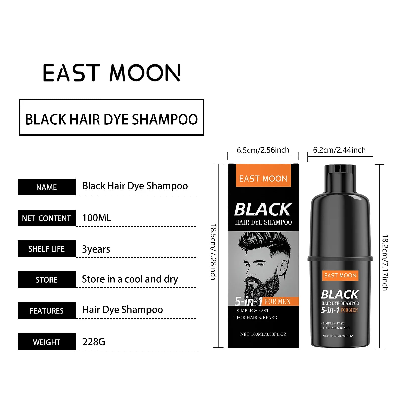 East Moon Men's Black Hair Dye Shampoo Fast Coloring Removal White Gray Hair Long Lasting Nourishing Natural Beard Dye Shampoo