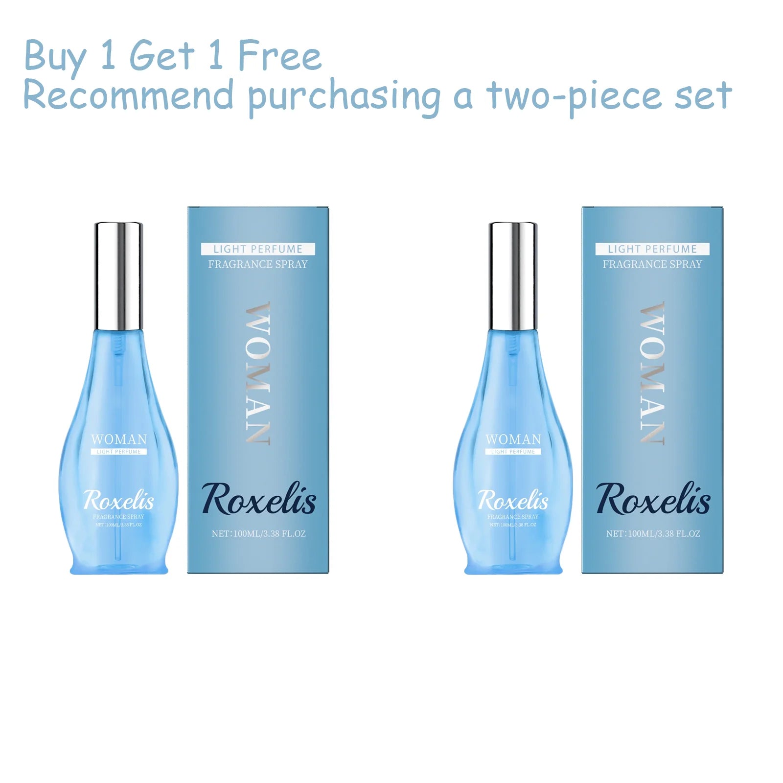 Roxelis Oriental Charm EDT for women: 2-piece set of elegant teardrop-shaped bottles with fresh coconut fragrance.