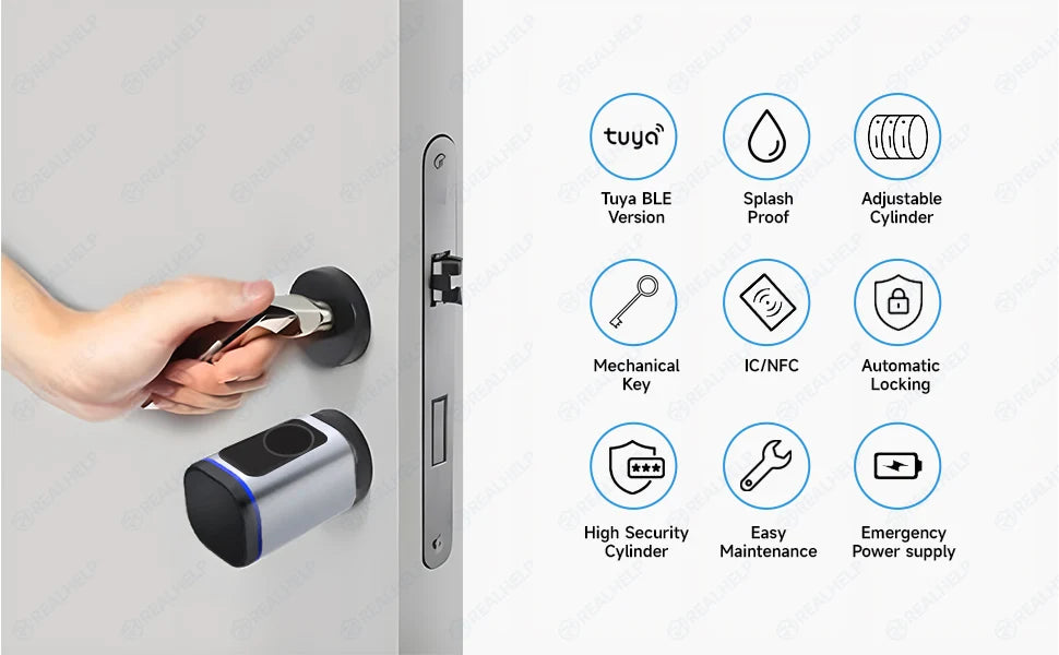 EU Door Smart Cylinder Lock with App Control & Fingerprint, Easy DIY Keyless Entry for Landlords, Tenants, Home Office