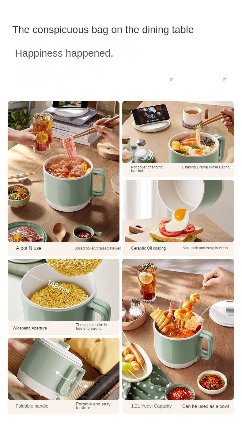 Electric hot pot cooker on dining table, mint-green pot with lid and ladle