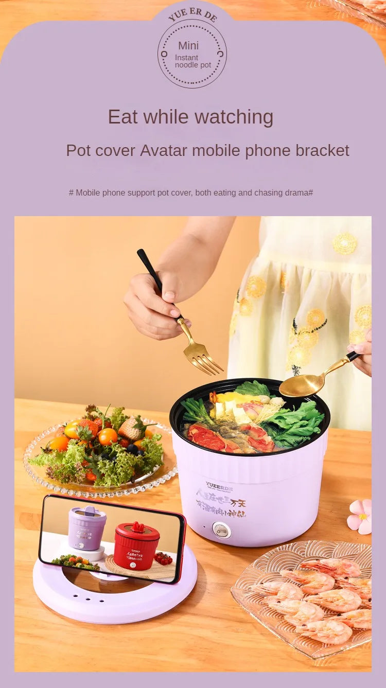 Purple mini electric hot pot with black lid and cooking pot, portable noodle cooker