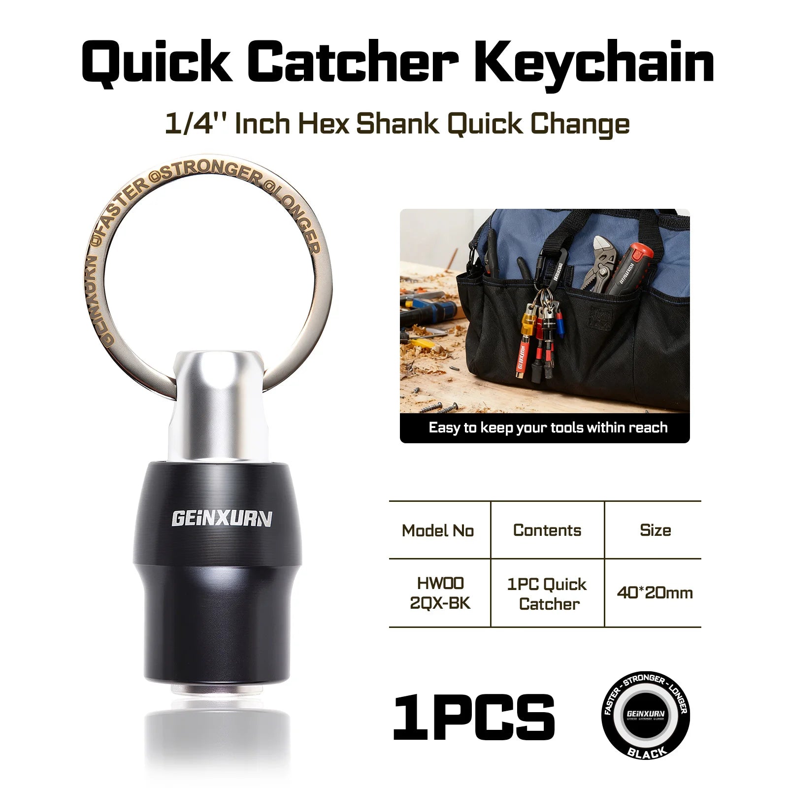 Black aluminum 1/4 in hex shank keychain bit holder, quick-catcher with key ring