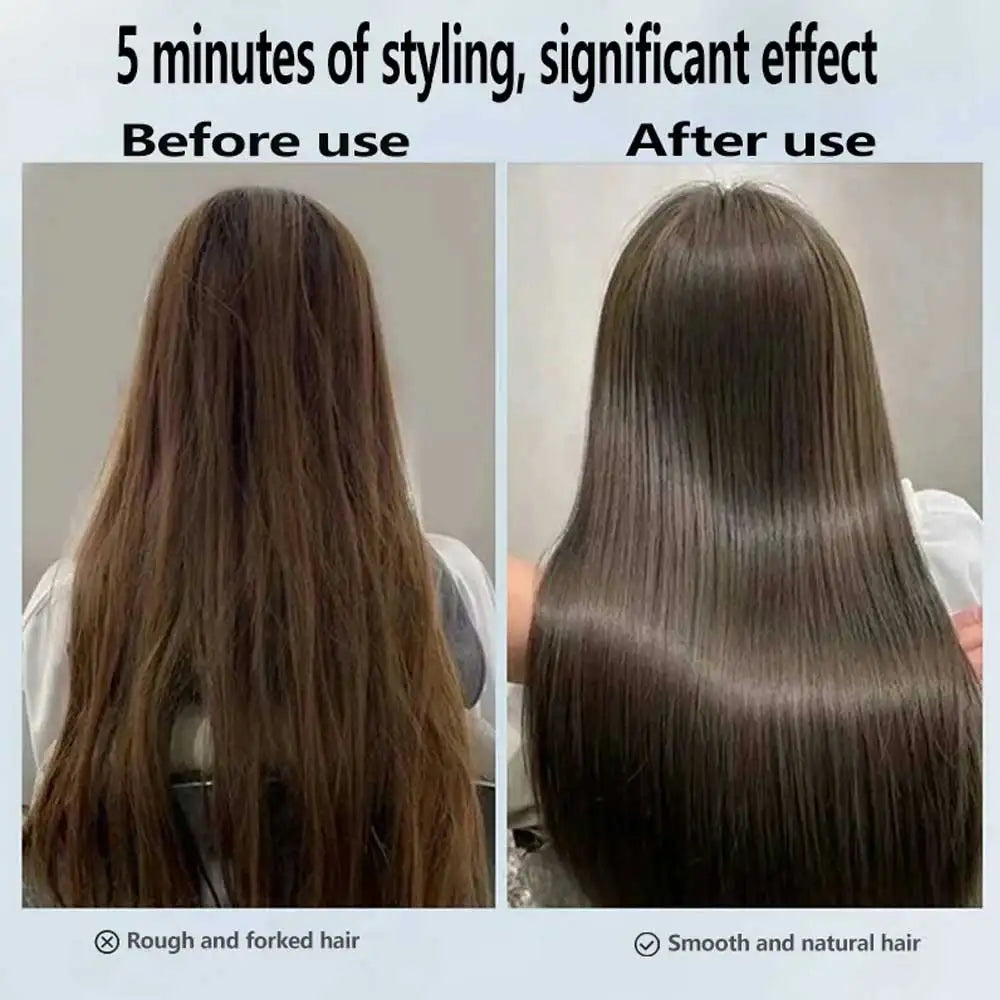 Before and after results of 2-in-1 ionic hair dryer and straightener transforming frizzy hair into smooth, shiny locks.