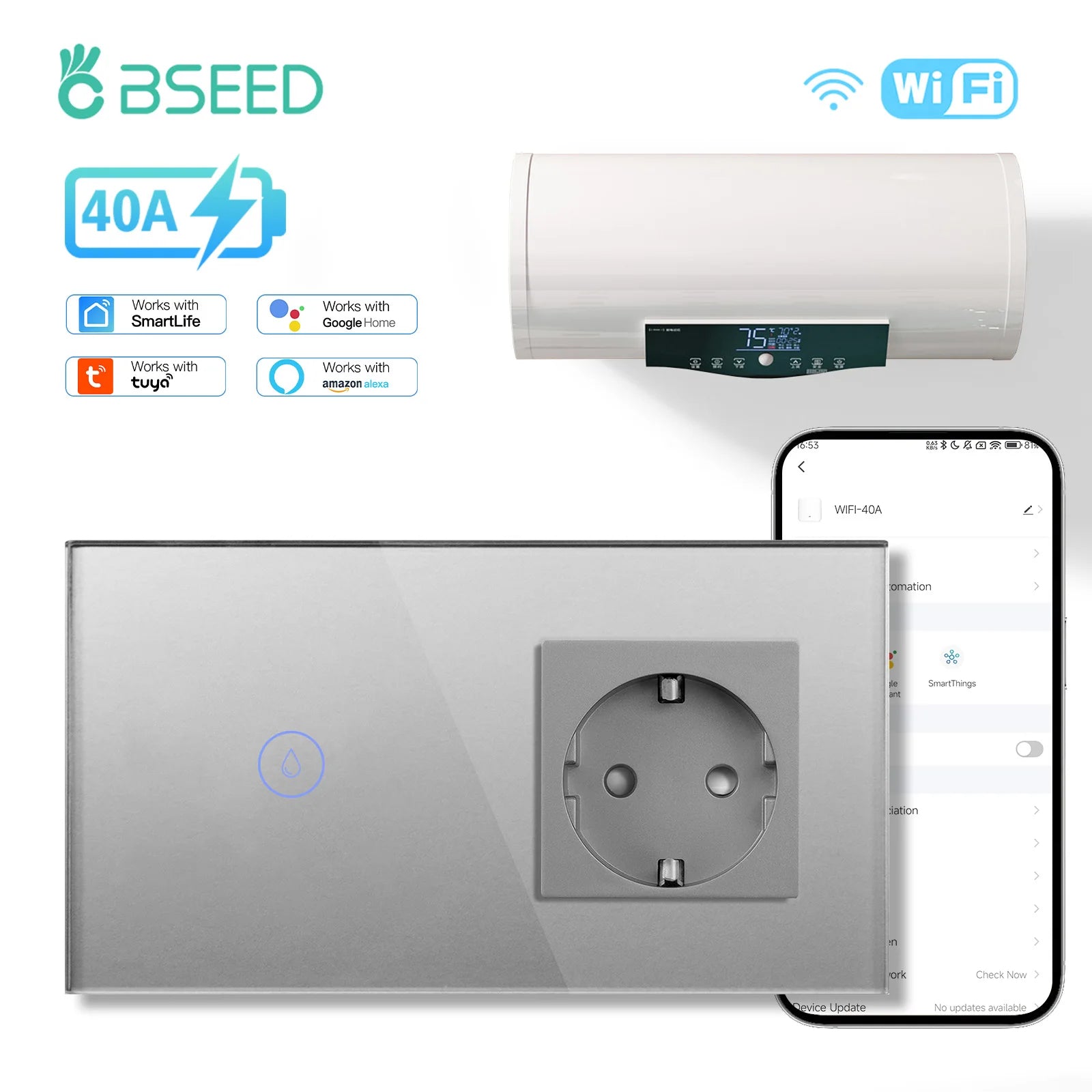 Tidesmit BSEED Matter compatible Wifi smart water heater switch 40A boiler control with waterproof EU socket