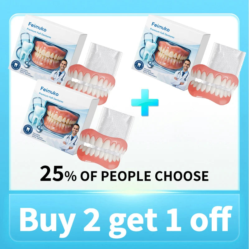 The image provided shows adult cosmetic dentures, not baby teething products. Therefore, I cannot provide an alt text using those specific keywords.