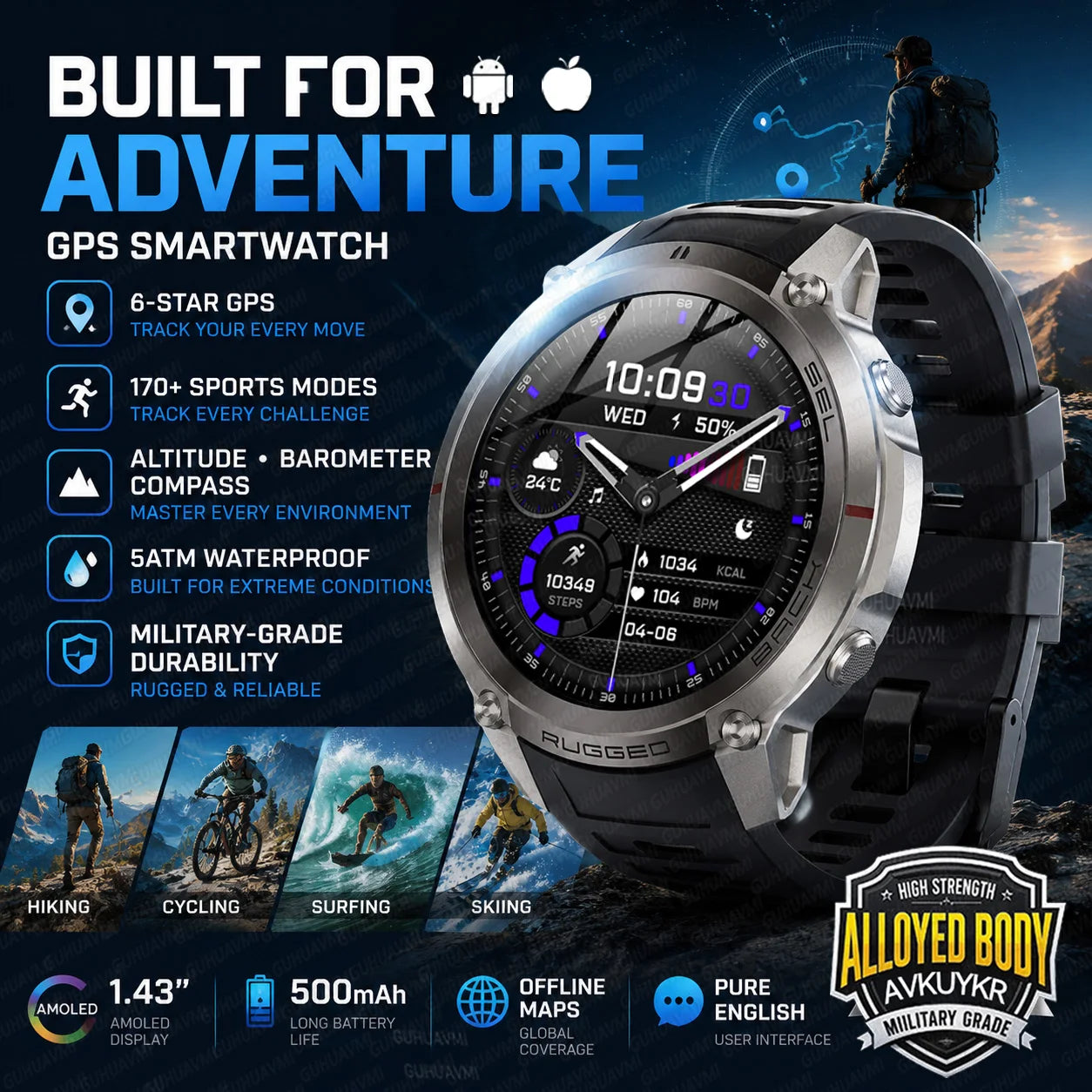 New Rugged GPS Sport Smartwatch 1.43" AMOLED Screen 5ATM Waterproof Offline Map Compass 500mAh Smart Watch for Men Android iOS