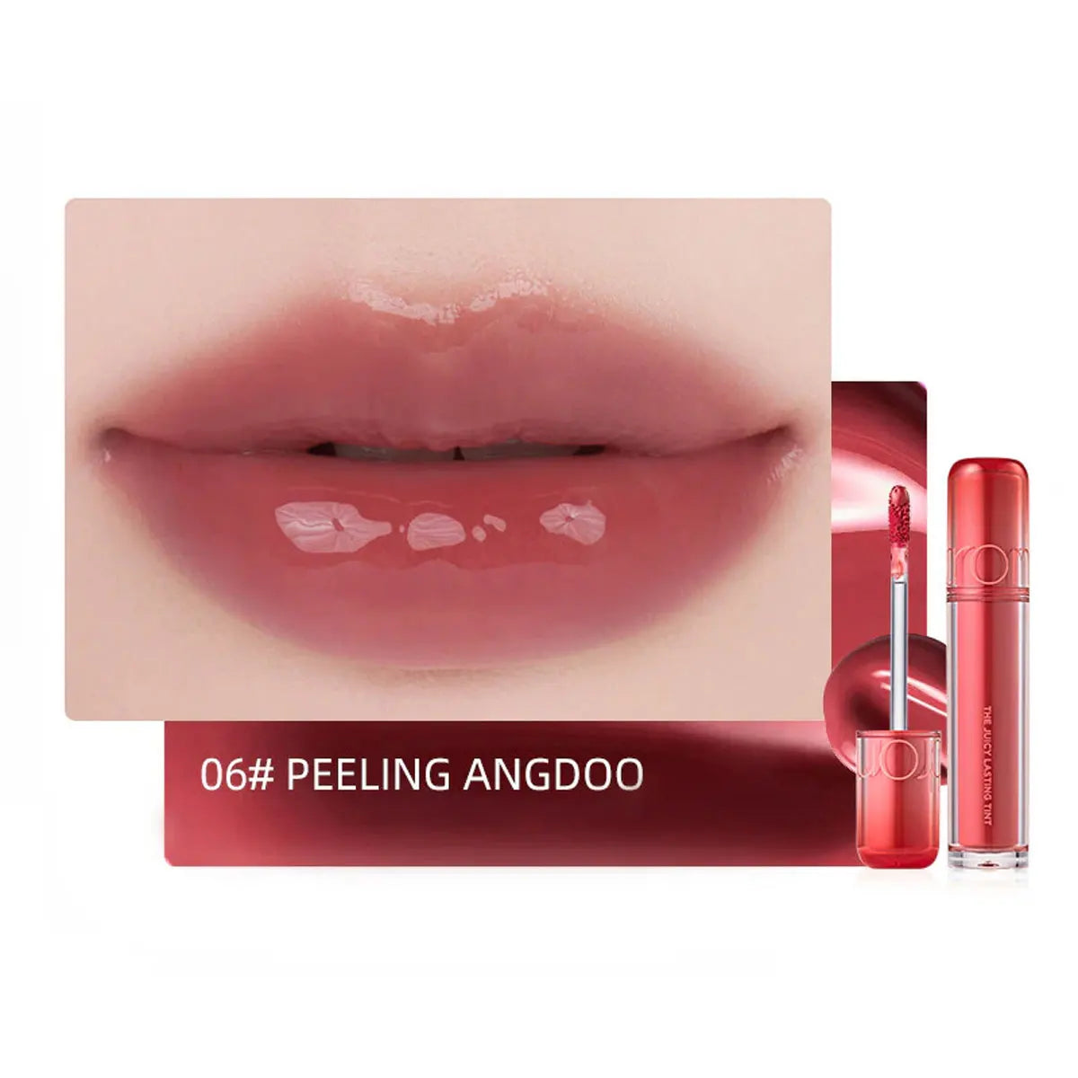 rom&nd Juicy Lasting Tint in 06 Peeling Angdoo: A glossy, hydrating mauve-pink lip tint with a high-shine finish.
