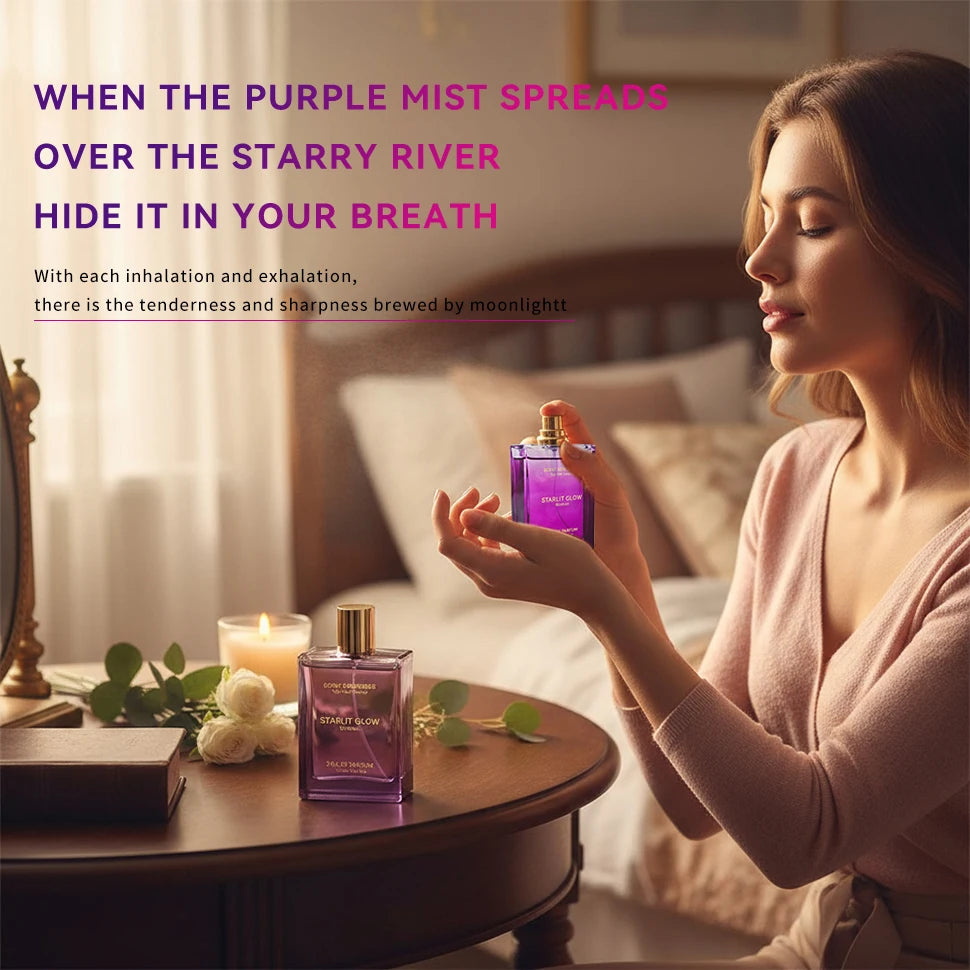 Starlit Glow perfume in a square, translucent purple glass bottle with a gold cap, used as a personal fragrance.