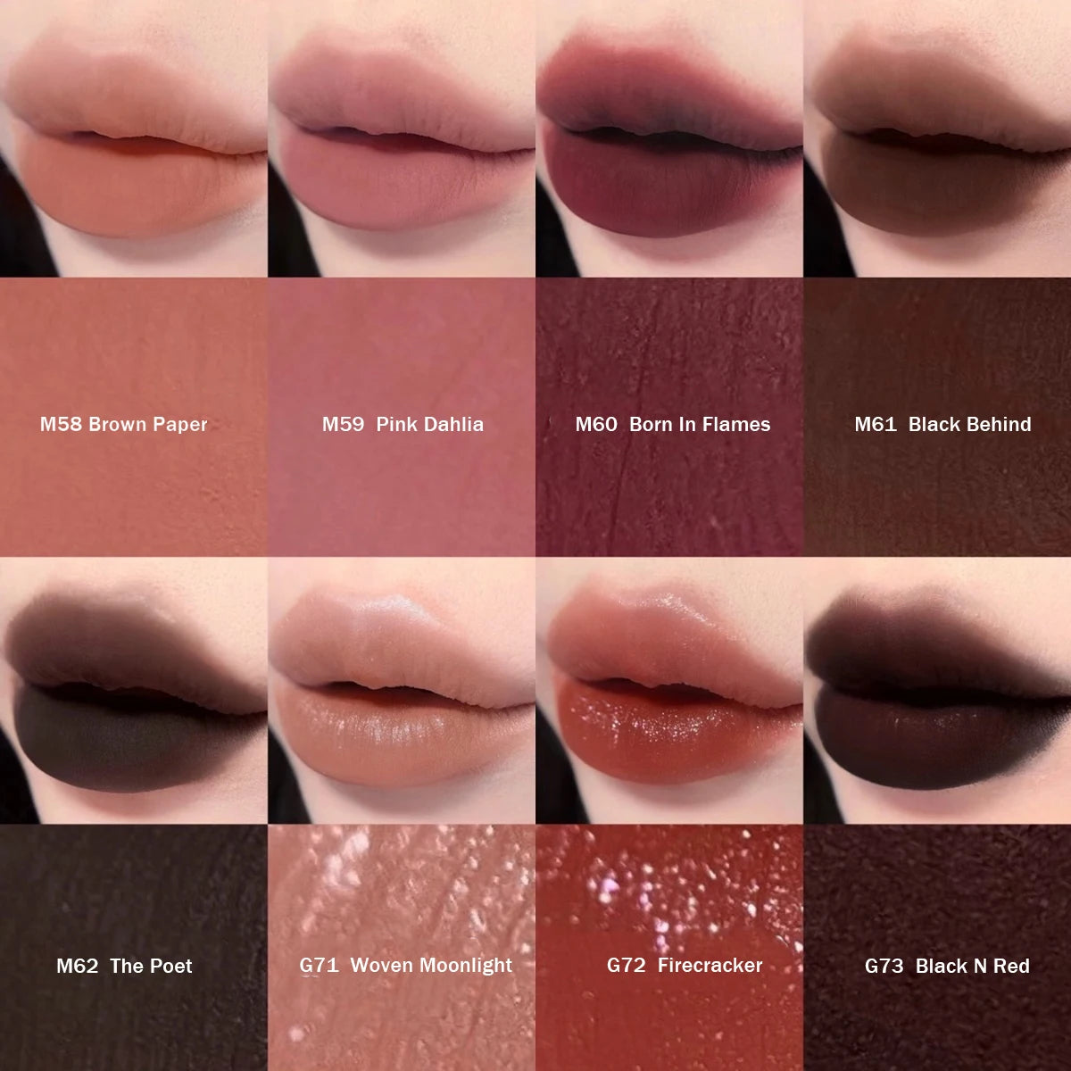 Girlcult Love Whisper lip stain swatch grid showing various velvet matte and shimmer shades on lips.