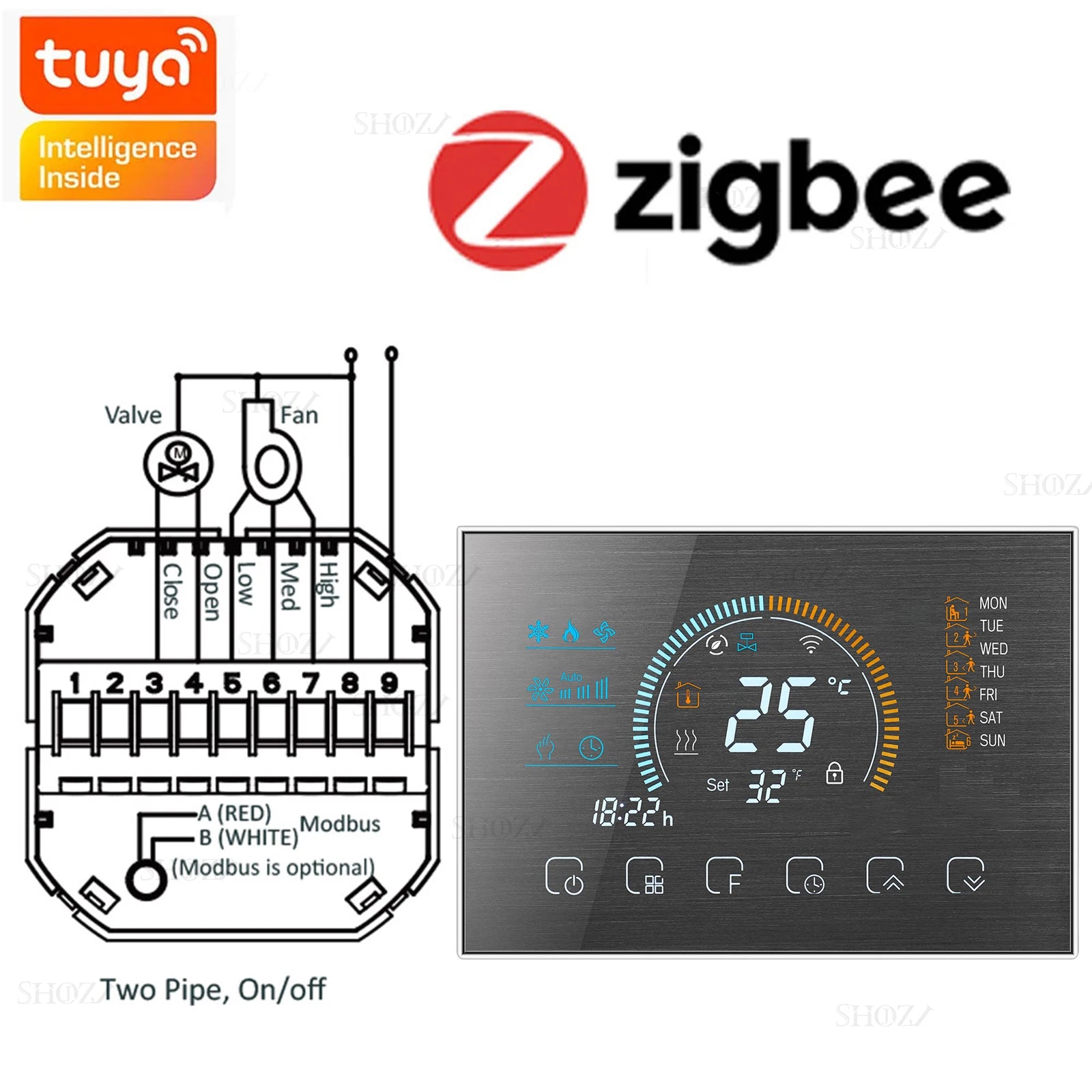 Wifi/RS485/Zigbee Thermostat Air Conditioning 3 Fan Coil Unit Home Cooling/Heating 2/4 Pipe Temperature Controller with Alexa