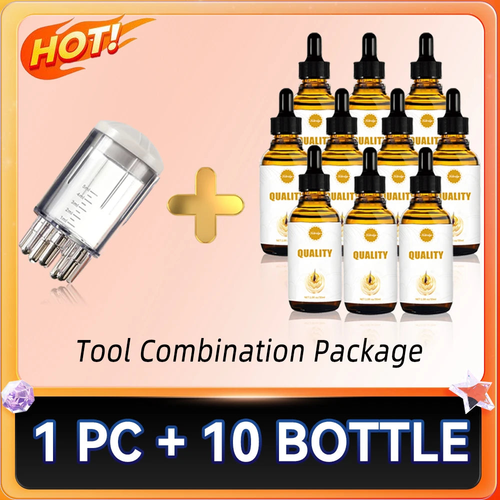 Scalp applicator liquid comb set with 10 serum bottles for hair growth treatment and targeted scalp massage therapy.