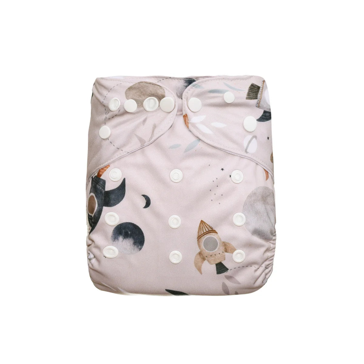 Reusable cloth baby diaper with a beige rocket and moon space print, adjustable snap buttons.