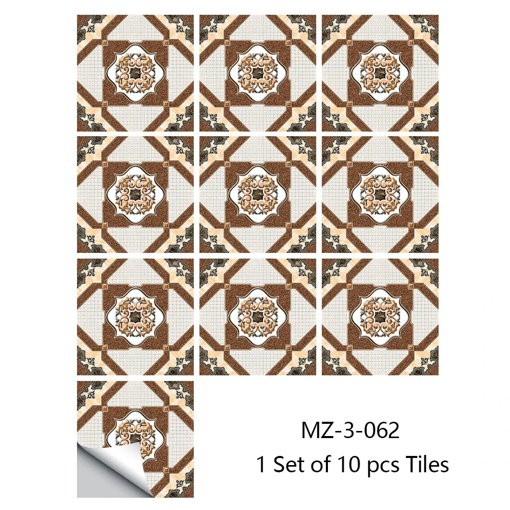 Waterproof non-slip tile floor sticker set with brown and beige geometric and medallion patterns