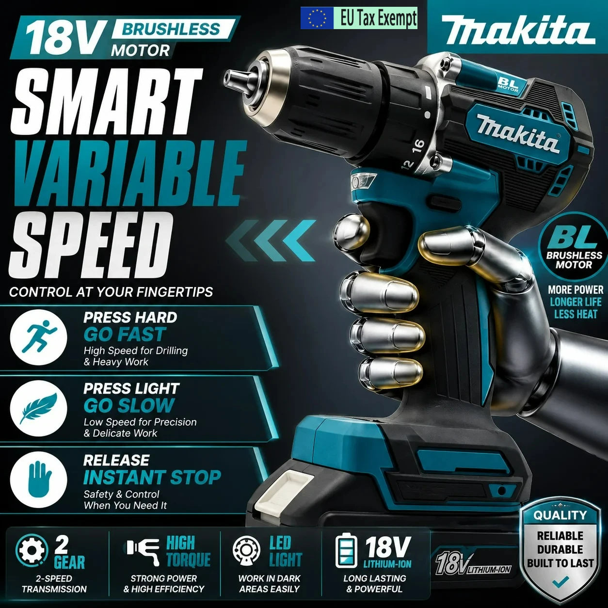 100% Makita Origina DDF487 Cordless Driver Drill Brushless Electric Impact Screwdriver 18V Rechargeable Power Tool -Makita 18V Battery DDF487 Brushless Electric Drill, Suitable for Five-rope Impact Drill of Decoration Team Us