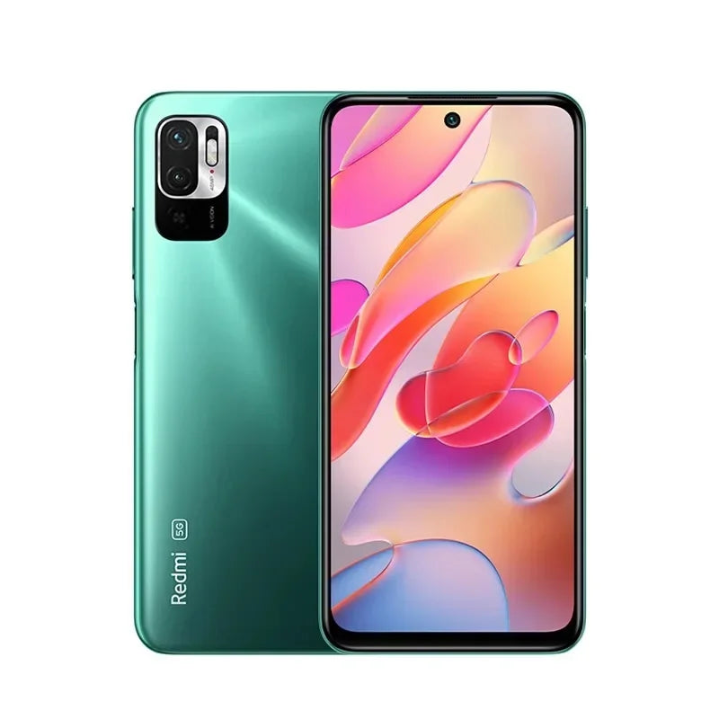Green Xiaomi Redmi Note 10 5G smartphone showing front display and rear 48MP camera triple lens setup.