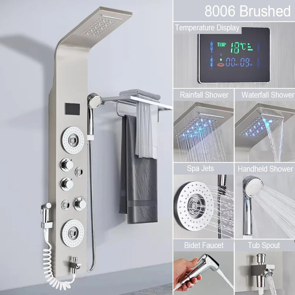 LED Light Shower Faucet Bathroom SPA Massage Jet Shower Column System Waterfall Rain Shower Panel Bidet Sprayer Tap