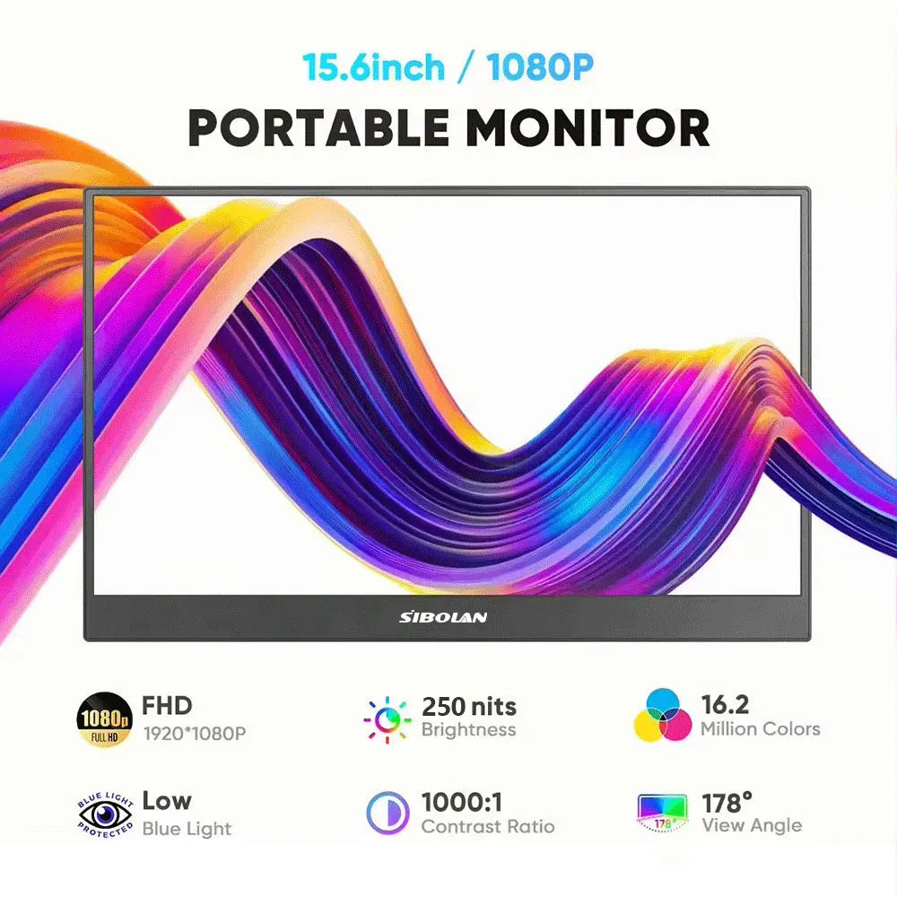 Sibolan 15.6 inch Portable Monitor IPS 1080P 72% sRGB HDMI Type-C Plug Built-in Stand Laptop Display Extender For Windows Mac
