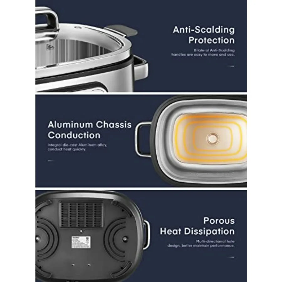 Silver multi-cooker body with anti-scalding handles and heat-dissipation base, showing inner bowl
