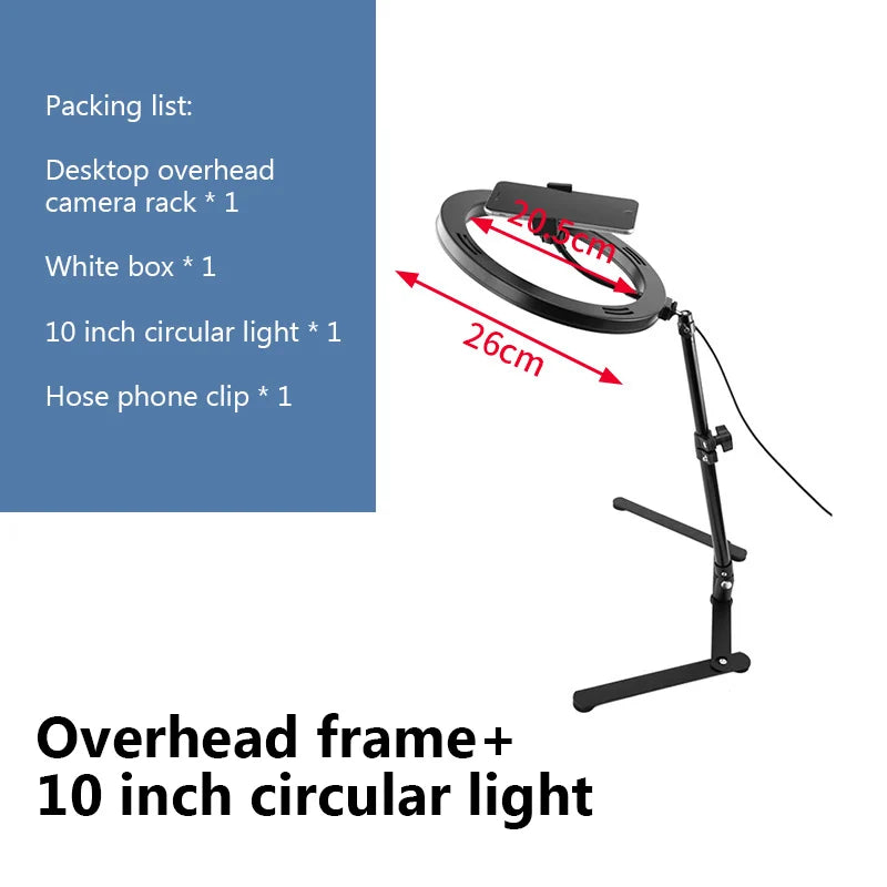 Black metal desktop overhead stand with a 10-inch ring light and phone holder for overhead photography and streaming.