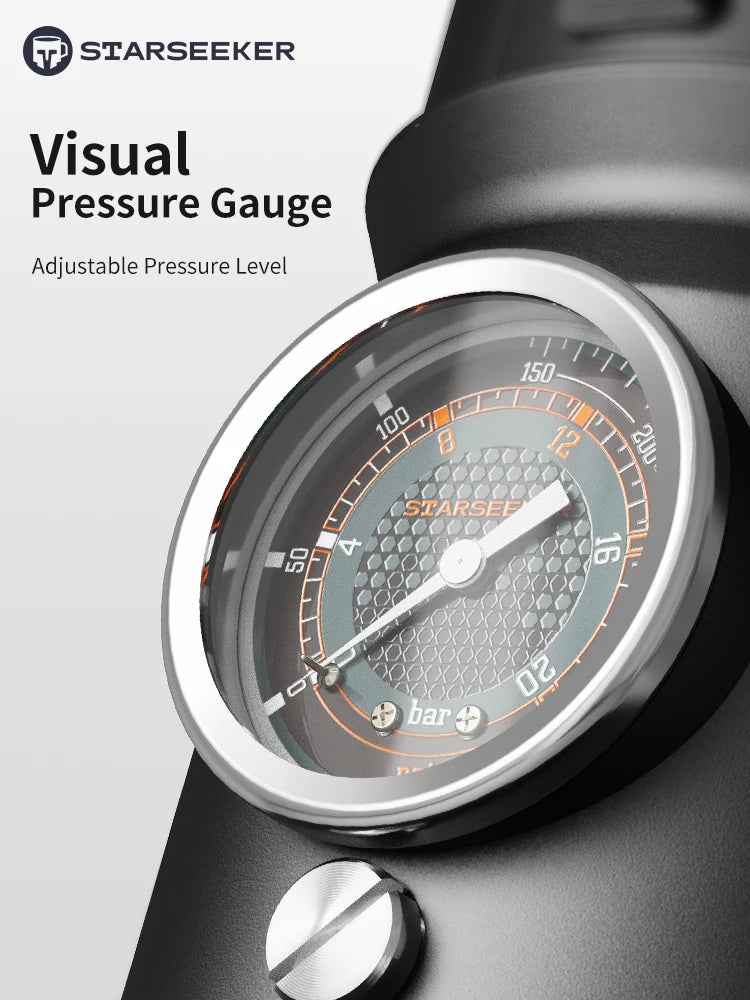 Starseeker espresso machine close-up featuring a round analog visual pressure gauge with adjustable pressure settings.