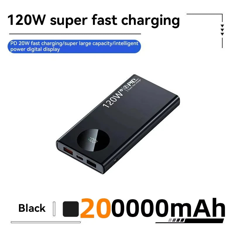 Tidesmit 200000mAh Power Bank - 120W PD Fast Charging Portable Battery Black 200000mAh Tidesmit