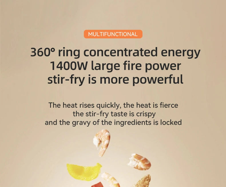 Electric hot pot 360° heating concept with energy visuals and cooking fire icon
