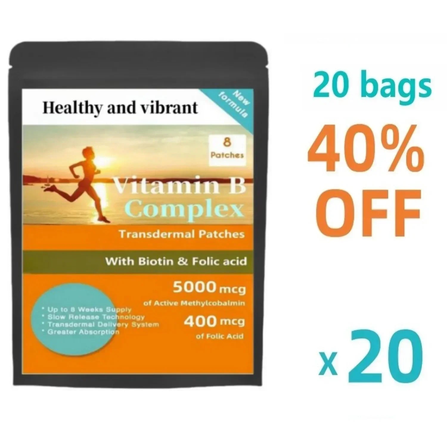 Tidesmit Vitamin B Complex transdermal patches for 8-week energy support with B12, Biotin, and Folic Acid absorption.