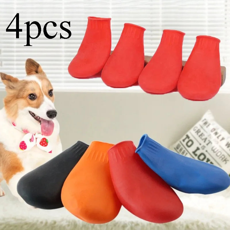 4pcs durable waterproof rubber dog boots for all sizes, anti-slip paw protectors in red, orange, black, and blue.