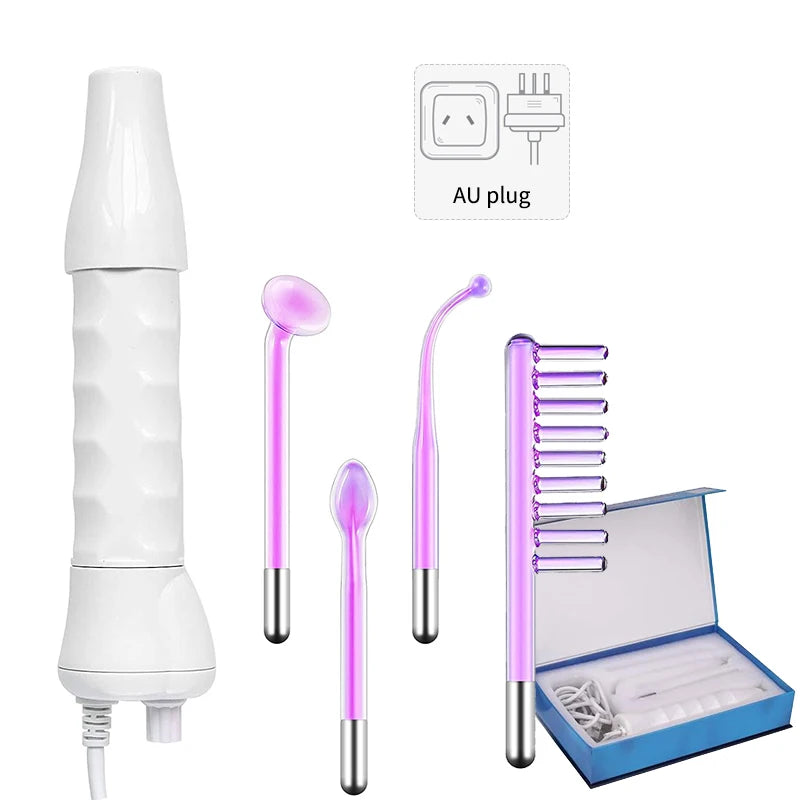 High-frequency facial wand with a white handle and four purple-tinted glass electrode attachments, including an AU plug.
