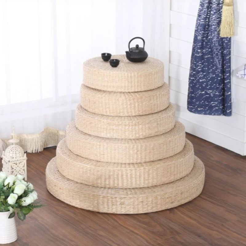 Round Woven Rush Cushion Meditation Zafu Yoga Mat for Floor Tatami Kneeling Tea Ceremony Zen Window Seat
